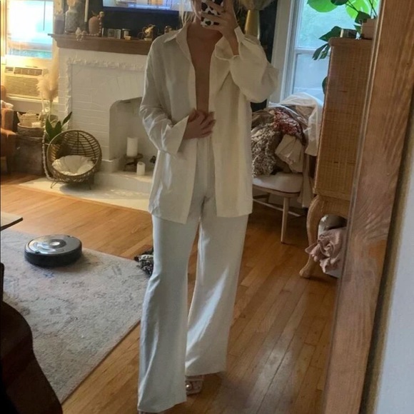 Shirt Pants 2 PC SET wide leg loose button collar spring summer womens cream - Picture 8 of 13